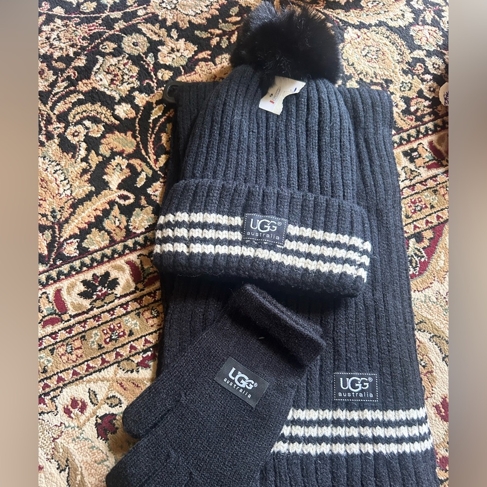 BUY NOW stylish, black, and white UGG hat, and scarf set with gloves